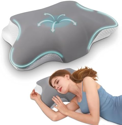 Cervical Pillow for Neck and Shoulder Pain Relief, Ergonomic Side Sleeper Pillow for Back Stomach Sleeping, Memory Foam Contour Neck Support Pillows with Cooling Pillowcase (Grey)