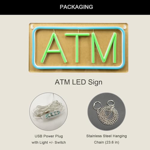 Image of ATM Neon Sign, Small Size, 12 inchx6 inch, USB Powered, 9 Levels of Brightness, Suitable for Bank Supermarket Convenience, Easy to Install on Store Wall Window as Room Decoration (Green, Transparent Acrylic)