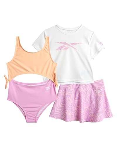 Reebok Girls' Bathing Suit Set - 3 Piece Quick Dry T-Shirt and Skirt with One Piece Cut Out Monokini Swimsuit - Swimwear Set, Size 2T, Peach Swirl