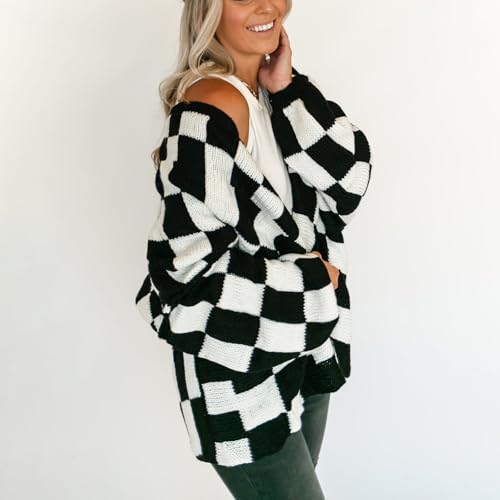 Image of Womens Checkered Cardigan Sweater Loose Long Sleeve Open Front Sweater Knit Coat Casual Oversized Plaid Cardigan Tops