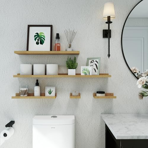 Image of Oak Floating Shelves for Wall Decor, 40 in Shelf with Lip, 2 Set | 4.5 inch Deep Display Picture Ledge Shelf, Long Wall Mounted Storage Shelves for Bedroom, Bathroom, Living Room, Kitchen, Nursery