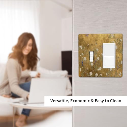 Decorative Outlet Covers Vintage White Flowers Birds on Golden Background 2 Gang Outlet Cover Wall Plate Single Toggle Rocker Light Switch Cover Plate Switch Plate Covers