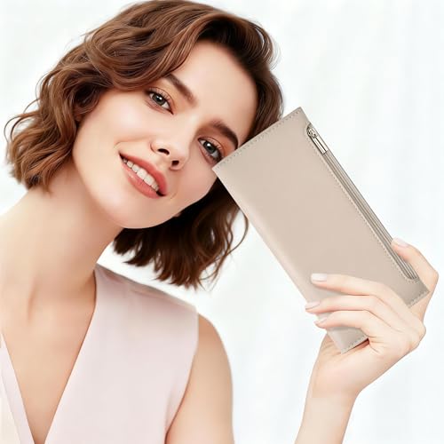 Image of Tipmile Slim Wallet for Women, RFID Blocking Credit Card Holder, Ladies Bifold Wallet with Zipper, Beige