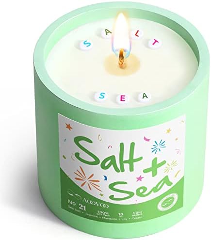 Sea Salt Summer Candles for Stress Relief, Unique Handmade Aromatherapy Candle Gifts for Women, Sea Salt, Jasmine, Cream, Woody Fragrance Candle, 10oz, Ocean Sea Candle for Relaxing, Meditation