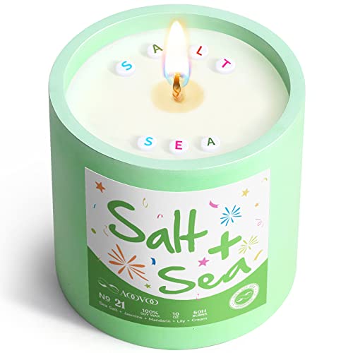 Sea Salt Summer Candles For Stress Relief, Unique Handmade Aromatherapy Candle Gifts For Women, Sea Salt, Jasmine, Cream, Woody Fragrance Candle, 10Oz, Ocean Sea Candle For Relaxing, Meditation #TOP16