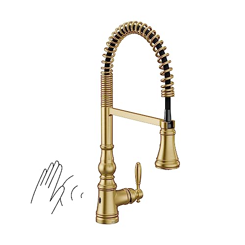 Moen Weymouth Brushed Gold Motionsense Wave Touchless Kitchen Faucet, Traditional Spring Kitchen Sink Faucet with Pulldown Sprayer and Hands-Free Sensor, S73104EWBG