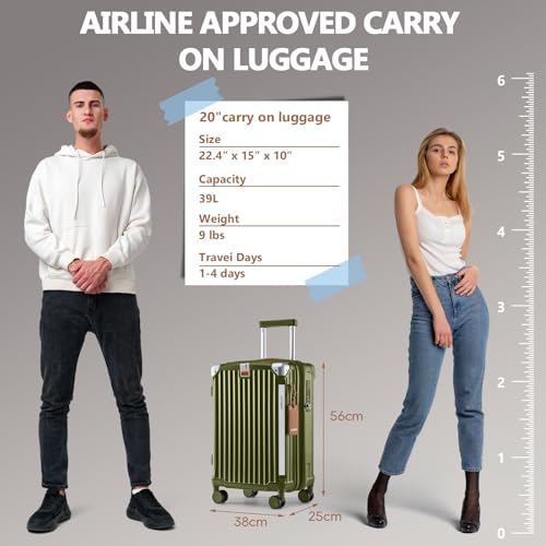 Image of Joyway 20in Carry On Luggage with Cup Holder and USB Port, 25% Expandable Capacity, Smart Suitcase with Anti Slip Wheels and Handbag, Perfect for Men and Women 3 Piece Set DarkGreen