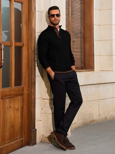 Yousify Mens Stand Collar Pullover Sweater Casual Cable Knitted Quarter Button Sweaters Winter Chunky Thermal Polo Sweaters4