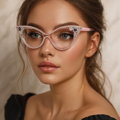 Image of ICARA Sparkling Crystal Retro Cat Eye Frame Bling Rhinestone Reading Glasses for Women Blue Light Blocking Computer Eyeglass