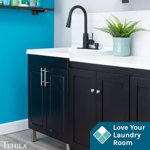 Image of JS Jackson Supplies Black Utility Sink Vanity Cabinet with White Laundry Tub, Black High-Arc Pull-Down Sprayer Faucet for Laundry Room, Mudroom, Basement