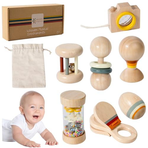 Madera de Madera Baby Ratting, 7pcs Juguetes de Cascabel para bebés, sonajero de bebé Natural y Natural con Lluvia, Campana de Mano, Bola de Arena, bajetón de Madera Montessori para bebés para niña