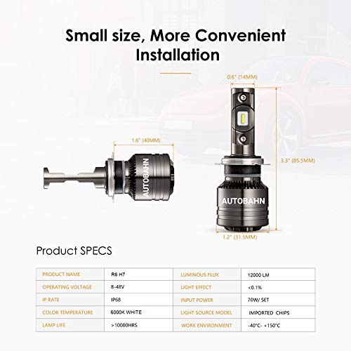 Image of AUTOBAHN LED R6 Customized CSP 12000lm 6000K Headlight Bulb for Car (White, 12V, 35W, 2 bulbs, H7)