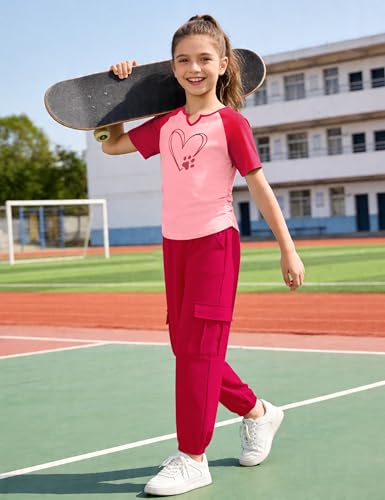 GEMLON Girl Outfits Short Sleeve Heart Print Tee and Cargo Pants with Pockets 2PCS Summer Cute Clothes for Girls 10-12 — view 5