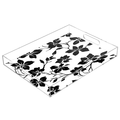 BOESI Graffiti Black Flower Acrylic Decorative Dining Tray, Acrylic Decorative Tray Organizer with Handle for Kitchen, Dining Room, Bathroom, Dresser