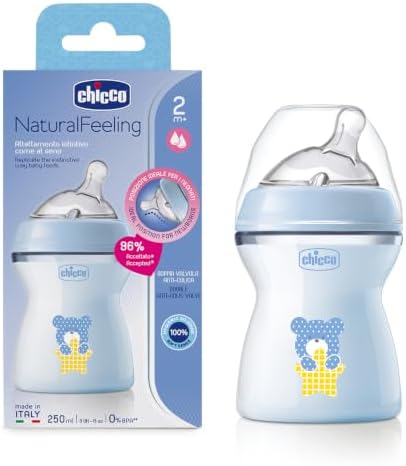 Chicco Natural Feeling PP Feeding Bottle 250ml (Blue) I Double Anti-Colic Valve I Breast Like Latch I Soft Silicone I Food Grade I BPA Free I Wide Neck I Medium Flow | 2+ Months