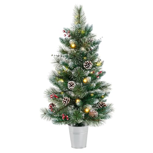 GOFLAME 3FT Prelit Artificial Entrance Christmas Tree, Indoor Outdoor Potted Xmas Tree with 20 LED Lights, Flocked Pine Needles, Eucalyptus Leaves, Red Berries, Pine Cones, 8 Light Modes, Timer