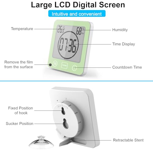 YiChZhe Badezimmer Wecker Badewannentimer‌,Wasserfest Digitale Badezimmeruhr, Baduhr Duschtimer mit Hygrometer und Thermometer,LCD-Display,Countdown Timer,für Dusche, Küche,Familienalltag-Grün