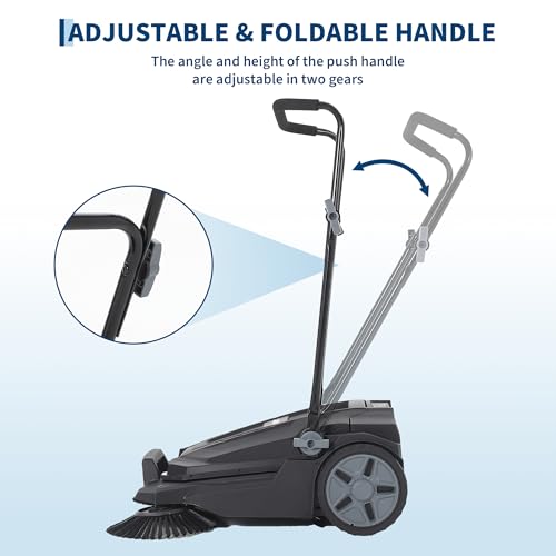 Image of Walk-Behind Hand Push Floor Sweeper, 25.6 Inch Wide Manual Non-Electric Sweeper with 5 Gallon Waste Bin, Adjustable Folding Handle Heavy Duty Yard Sweeper for Garage Patio Walkway Driveway Leaf Debris