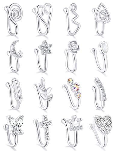 Tornito 16Pcs Fake Nose Rings Hoop Opal Inlaid CZ Clip on Cartilage Tragus Faux Nose Cuff Non Piercing Jewelry Set for Women Men