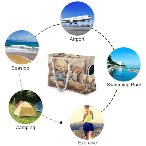 Teddy Bear Wearing Scarf Beach Bag & Travel Tote Bag Large Sandproof with Zipper Closure, Wet Pouch for Swim Gym Travel, Lightweight Foldable Outdoor Bag4