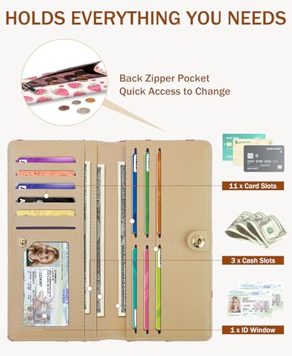 Image of Immaturus Womens Wallet, Strawberry Slim Thin RFID Blocking Card Wallets, Bifold PU Leather Credit Card Holder Organizer, Cute Cash Clutch Long Billfold with Zipper Coin Pocket Ladies Girls
