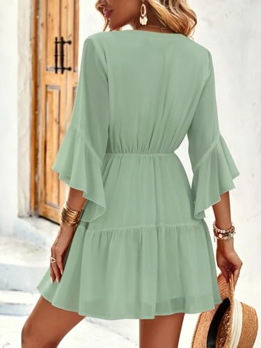 Image of Womens Spring Summer Mini Dress Western Ruffled Sleeve Chiffon V Neck Flowy A Line Short Wedding Guest Party Dresses