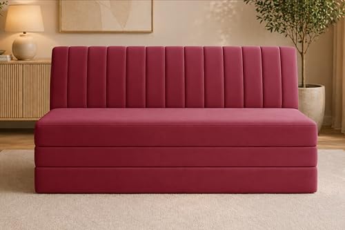 Image of Modern Velvet 3-Seater Sofa Cum Bed, Convertible Sleeper Couch Sofa for Living Room, Bedroom & Office-Red
