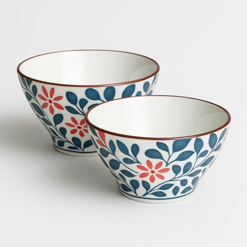 Image of YELONA Japanese Style Ceramic Bowls - 4.8 Inch (300ml), Set of 2 - Floral Design Rice /Noodle Bowls - Microwave & Dishwasher Safe, Ideal for Gifting Choice