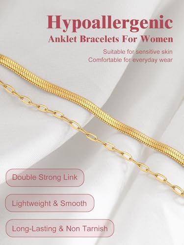 Image of FOCALOOK 14K Gold Plated Anklets for Women Waterproof Plus Size Ankle Bracelet 8.5-10.5 Inch Adjustable Mariner /Figaro /Flat Snake /Cuban Link Chain Anklet Jewelry for Summer Beach Holiday