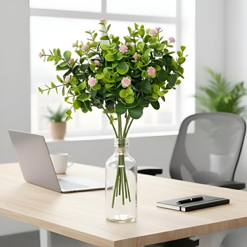 Image of Artificial Eucalyptus Bouquet with Baby Breath Pink Flowers - 6 Stems Faux Greenery Bunch, 33cm Height for Home, Office, Wedding & Party Decoration (Vase not Included)