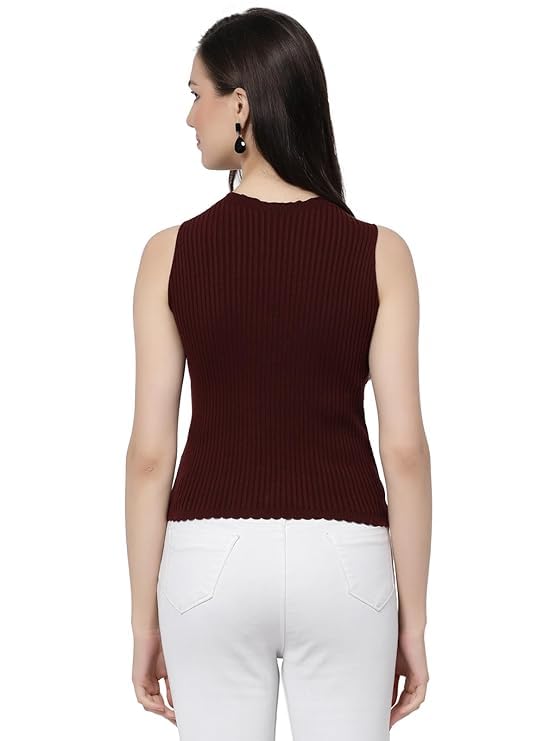 Image of Kalt Womens Knitted, Ribbed Cotton Fitted Sleeveless Round Neck Cami Tank Top