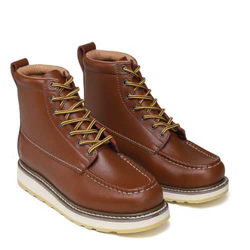 Image of Brown Men's Leather Work Boots - 4 /6 /8 Inch Composite & Soft Toe, Slip Resistant, Oil Resistant, Electrical Hazard, Mark Toe Construction Footwear