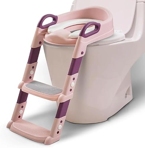 Potty Training Toilet Seat for Toddler Potty Chair with Step Stools Ladder for Boys Girls 2 in 1 Adjustable Kids Potty Seat with Anti-Slip Pads Comfortable Cushion (Pink)