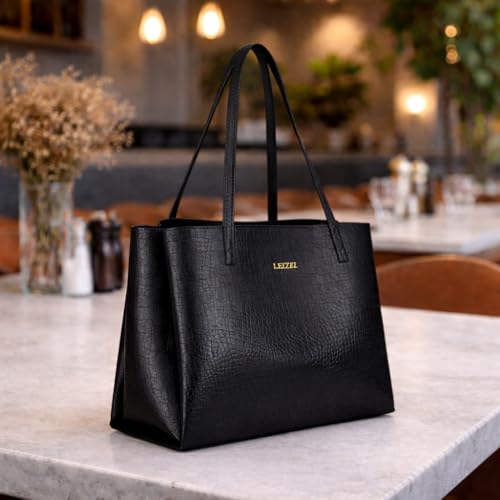 Image of LEEZEL Women's Structured Tote Bag - Large Capacity Work & Travel Purse Croco Pattern Vegan Leather Stylish Tote Bag Classic Everyday Shoulder Bag