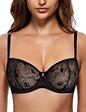 Wingslove Women's Sexy Lace Bra Sheer Balconette Bralette See-Through Bras Embroidered Unlined Underwire (Black,36DDD)