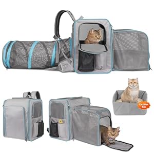 Cat Backpack Carrier with Litter Box, Expandable Portable Cat Carrier Backpack with Cat Tunnel, Cat Travel Carrier with Litter Box, up to 20 lb to Road Trip, Camping, Hiking, Grey