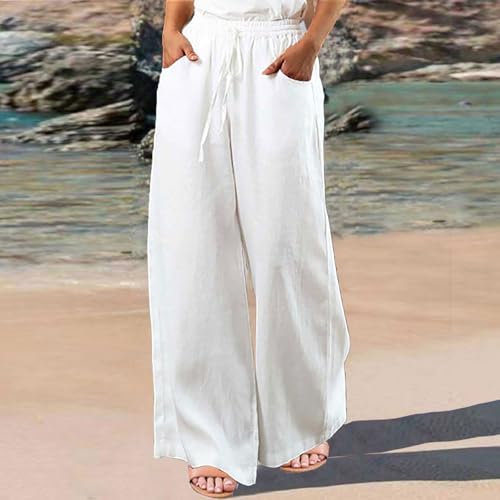 Linen Pants for Women Wide Leg High Waisted Palazzo Pants Beach Trousers Drawstring Flowy Pants with Pockets2