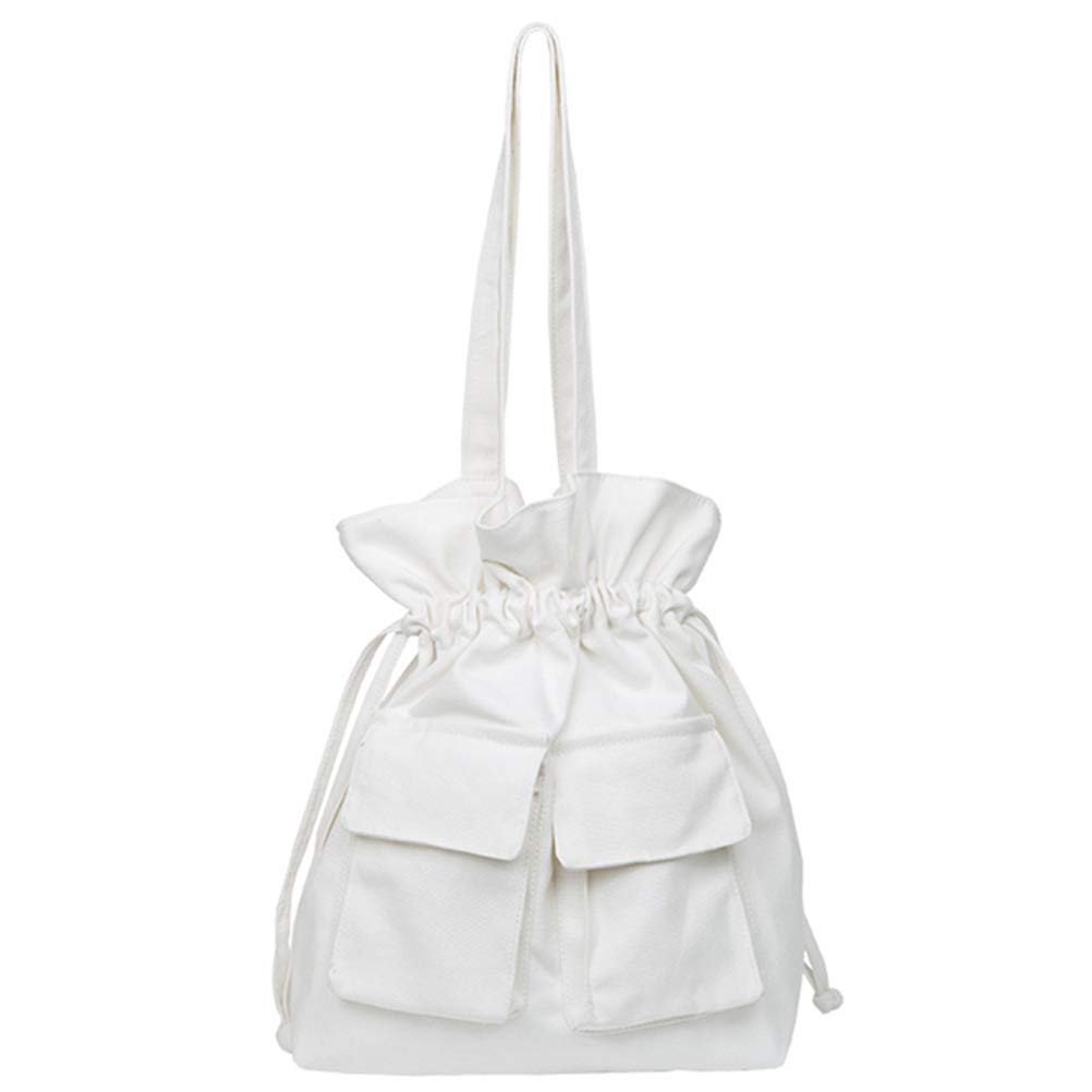 Drawstring Backpack Grande in Tela di Cotone Bianco, Zaino Studenti