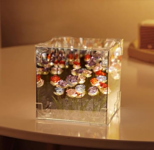 RUIXUAN Luz nocturna de rosa, cubo mágico LED con acabado de bricolaje con 10 flores preservadas, lámpara de mesa de espejo de 4 pulgadas para dormitorio y decoración del hogar, regalo romántico para