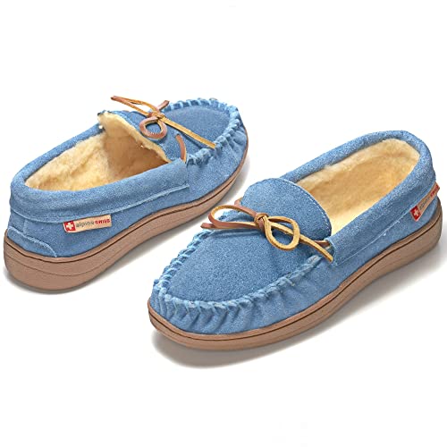 Image of Alpine Swiss Sabine Womens Moccasin Slippers Genuine Suede House Shoe Memory Foam Insole Plush Faux Shearling Fur Indoor Outdoor Anti-Slip Rubber Sole