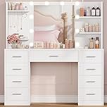TEENFON Large Dressing Table with 3-Color LED Lighted Mirror, Adjustable Brightness, Makeup Vanity Table with 9 Drawers, 6 Shelves & 5 Jewelry Hooks, Vanity Desk for Bedroom, Dressing Room, White