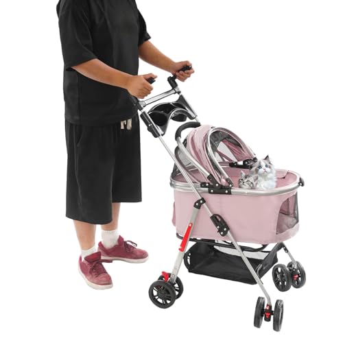 Passeggino pieghevole 3 in 1 fino a 12 kg – Carrello leggero per cani con cestino rimovibile, manico regolabile e design traspirante per cani di piccola taglia e gatti (rosa sakura)