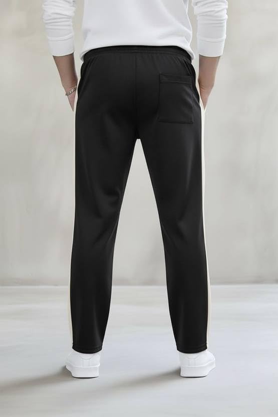 Image of Men's Cotton Blend Track Pants, Black with White Side Stripe, Drawstring Waist, Relaxed Fit Joggers