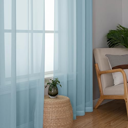 Image of Simplebrand Sky Blue Sheer Curtains 90 Inches Long 2 Panels, Light Filtering Rod Pocket Solid Color Window Sheer Curtain Panels, Elegant Curtains & Drapes for Living Room, Bedroom, 42 inch W x 90 inch L
