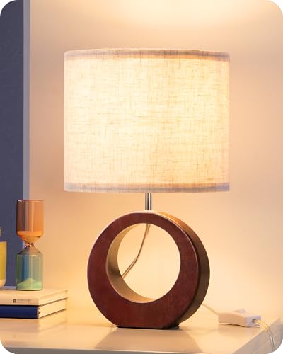 EDISHINE 13.4 Wood Table Lamp, Small Bedside Lamp with Beige Linen Lampshade & ON-Off Switch, E26 Base, Modern Nightstand Lamp for Living Room, Bedroom, Dark Walnut