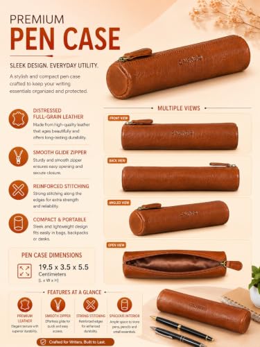 Image of Calfnero Genuine Leather Pen-Case for Men & Women | Premium Leather Pencil-Pouch with Zipper (Tan) | Cylindrical Pen-Holder Organizer for Pen, Pencils & Stationery | Unisex Pen-Sleeve