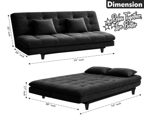 Image of Rosebell Modern Wooden 3-Seater Sofa Cum Bed Foldable Velevt Fabric Sofa for Living Room, Guest Room & Office-Black-Color