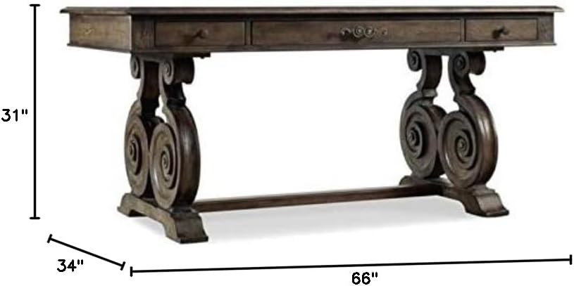 Beaumont Lane Writing Home Office Desk, Walnut Brown Finish, 66 in Wide Hardwood Solids with Veneers, Drop-Front Center Drawer, Multiple Storage Drawers, Durable Design for Office or Study Room