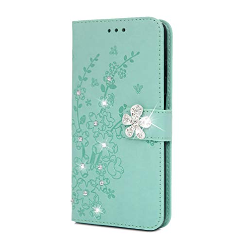 Samsung Galaxy A20e Case, 3D Handmade Bling Diamond PU Leather Flip Notebook Wallet Case Embossed Floral with Kickstand Card Holder Slot Protective Skin Cover for Samsung Galaxy A20e Mint Green