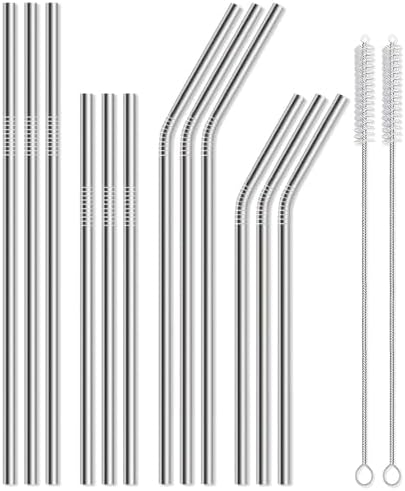 Lydnvjx 12 Pack of Reusable Stainless Steel Metal Straws, 3 Straight + 3 Bent 10.5 Inch and 3 Straight + 3 Bent 8.5 Inch Metal Straws with 2 Cleaning Brushes for 20 24 30 oz Tumbler Dishwasher Safef